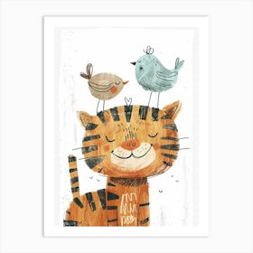 Small Joyful Tiger With A Bird On Its Head 12 Art Print