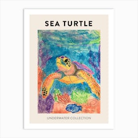 Colourful Underwater Sea Turtle Scribble Poster Art Print
