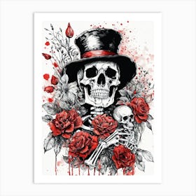 Floral Skeleton With Hat Ink Painting (93) Art Print
