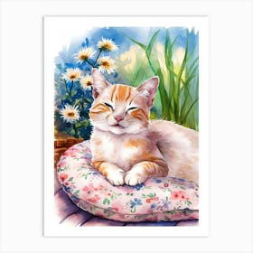 Watercolor Cat On A Pillow Art Print