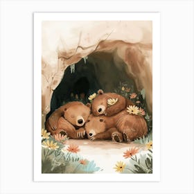 Sloth Bear Family Sleeping In A Cave Storybook Illustration 2 Art Print