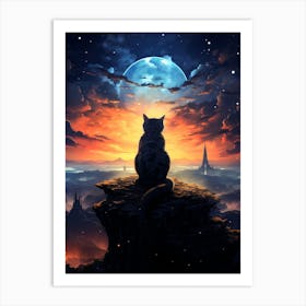 Cat Watching The Moon Art Print