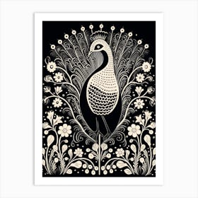B&W Bird Linocut Peacock 2 Art Print