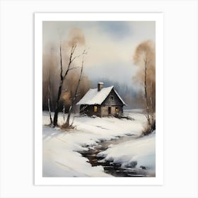 Rustic Winter Oil Painting Vintage Cottage (26) Art Print