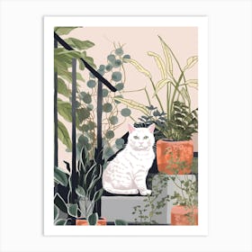 White Cat And House Plants 1 Art Print
