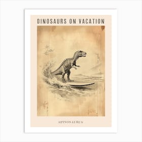 Vintage Spinosaurus Dinosaur On A Surf Board 1 Poster Art Print
