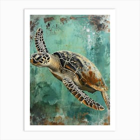 Sea Turtle Aqua Vintage Painting 1 Art Print