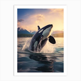 Realistic Orca Whale Diving Out Of Water At Dusk Art Print