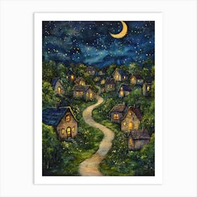 Village At Night With Stars and Moon In The Sky 10 Art Print