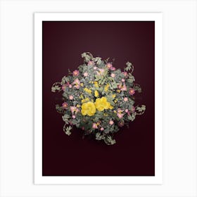 Vintage Yellow Sweetbriar Roses Flower Wreath on Wine Red Art Print