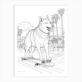 Siberian Husky Dog Skateboarding Line Art 2 Art Print