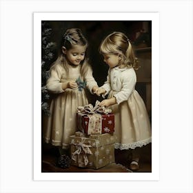 Two Little Girls Opening Christmas Presents Art Print