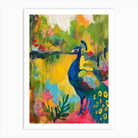 Peacock By The Pond Wild Brushstrokes 2 Art Print