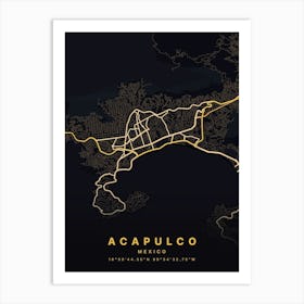 Acapulco Mexico Black And Gold Map Art Print