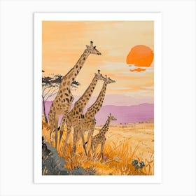 Giraffes In A Line At Sunset 4 Art Print