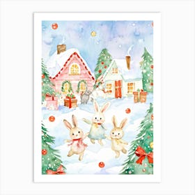 Christmas Bunnies Adorned With Charming Festive Pastels Surrounded By Soft Falling Snowflakes Jum Art Print