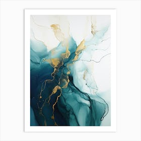 Teal, White, Gold Flow Asbtract Painting 0 Art Print