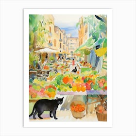 Food Market With Cats In Amalfi 1 Watercolour Art Print