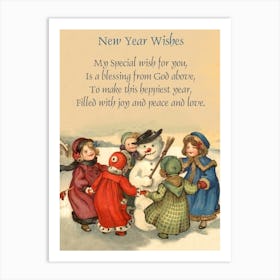 Kids With Snowman And New Year Wishes Art Print