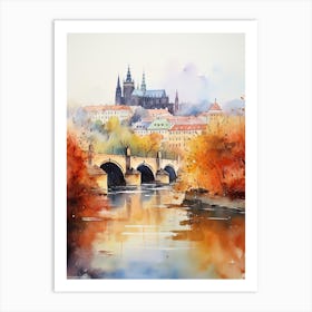 Prague Czech Republic In Autumn Fall, Watercolour 3 Art Print