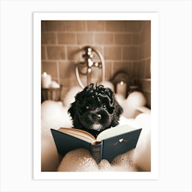 Black Cavapoo Reading in the Bath Art Print