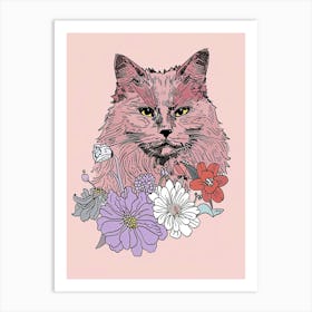 Cute Norwegian Cat With Flowers Illustration 3 Art Print