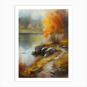 Autumn Lake,Forest Lake, Vintage Oil Painting, Farmhouse Wall Decorations, Antique Landscape, Vintage Landscape Oil Painting.3 4 Art Print