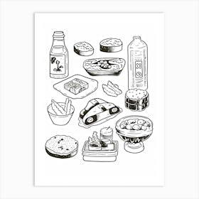 Food Collection Black And White Line Art Art Print