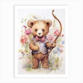 Archery Teddy Bear Painting Watercolour 2 Art Print