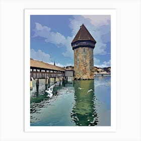 Chapel Bridge and Water Tower, Lucerne. An iconic view of Lucerne's Chapel Bridge and Water Tower, reflecting in the pristine Reuss River. The medieval structure, surrounded by calm waters and lively seagulls, showcases the city’s historical charm under a bright sky. 1 Art Print