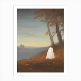 Cute Ghost Autumn Fall Castle Landscape, Halloween Spooky 2 Art Print