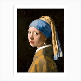 "Girl with a Pearl Earring" by Johannes Vermeer (Dutch Golden-Age Artist), painted around 1665. Often called the "Mona Lisa of the North," this painting has a way of pulling you in with its quiet mystery. It’s not a traditional portrait but a "tronie" —a study of a character — featuring a young woman dressed in an exotic turban and wearing an oversized pearl earring. Her gaze feels alive, her slightly parted lips as if she’s about to speak. Vermeer’s incredible use of light and shadow makes her almost step out of the dark background, while the pearl itself shimmers with lifelike detail. This piece has fascinated viewers for centuries, even inspiring a film that imagines the story behind it. Today, the masterpiece resides in the Mauritshuis museum in The Hague, Netherlands, where it continues to captivate audiences from around the world. Art Print