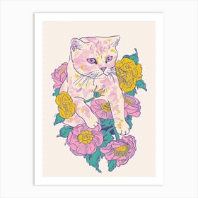 Cute Scottinsh Fold Cat With Flowers Illustration 3 Art Print
