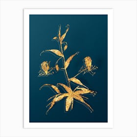 Vintage Flame Lily Botanical in Gold on Teal Blue n.0062 Art Print