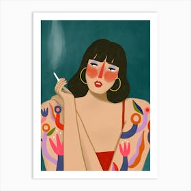 Woman With Tattoos Smoking A Cigarette Art Print