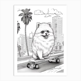 Pomeranian Dog Skateboarding Line Art 3 Art Print