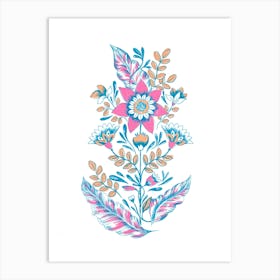 Folk Floral Silkscreen Cyan Art Print