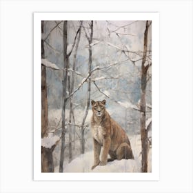 Vintage Winter Animal Painting Mountain Lion 1 Art Print