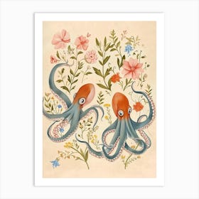 Folksy Floral Animal Drawing Octopus Art Print