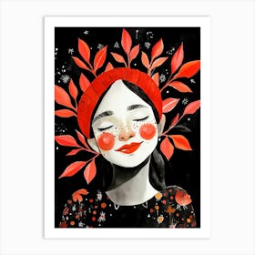 Girl With Red Leaves Art Print