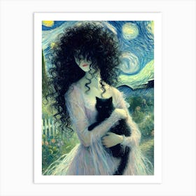 Starry Night Enigma Woman and Black Cat Art Print