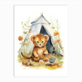 Camping Watercolour Lion Art Painting 4 Art Print