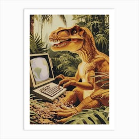Dinosaur At A Computer Retro Collage 2 Art Print