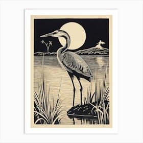 B&W Bird Linocut Great Blue Heron 1 Art Print