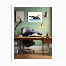 Whale Sitting At Desk Drawing Square Art Print Art Print