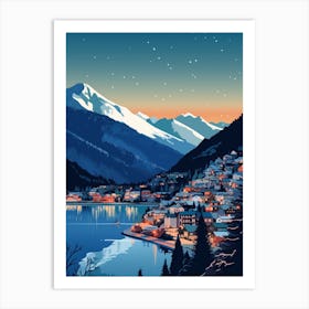 Winter Travel Night Illustration Queenstown New Zealand 1 Art Print