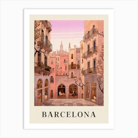 Barcelona Spain 3 Vintage Pink Travel Illustration Poster Art Print