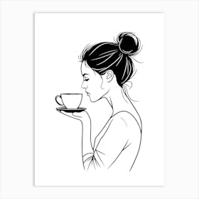 Woman Drinking Coffee Minimalist One Line Illustration Art Print