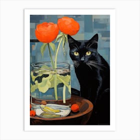 Black Cat With Flowers 6 Art Print