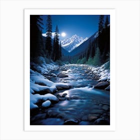 Midnight Landscape Bathed In Moonlit Glow Snow Covered Mountain Forests And Deep Valleys Large And Art Print